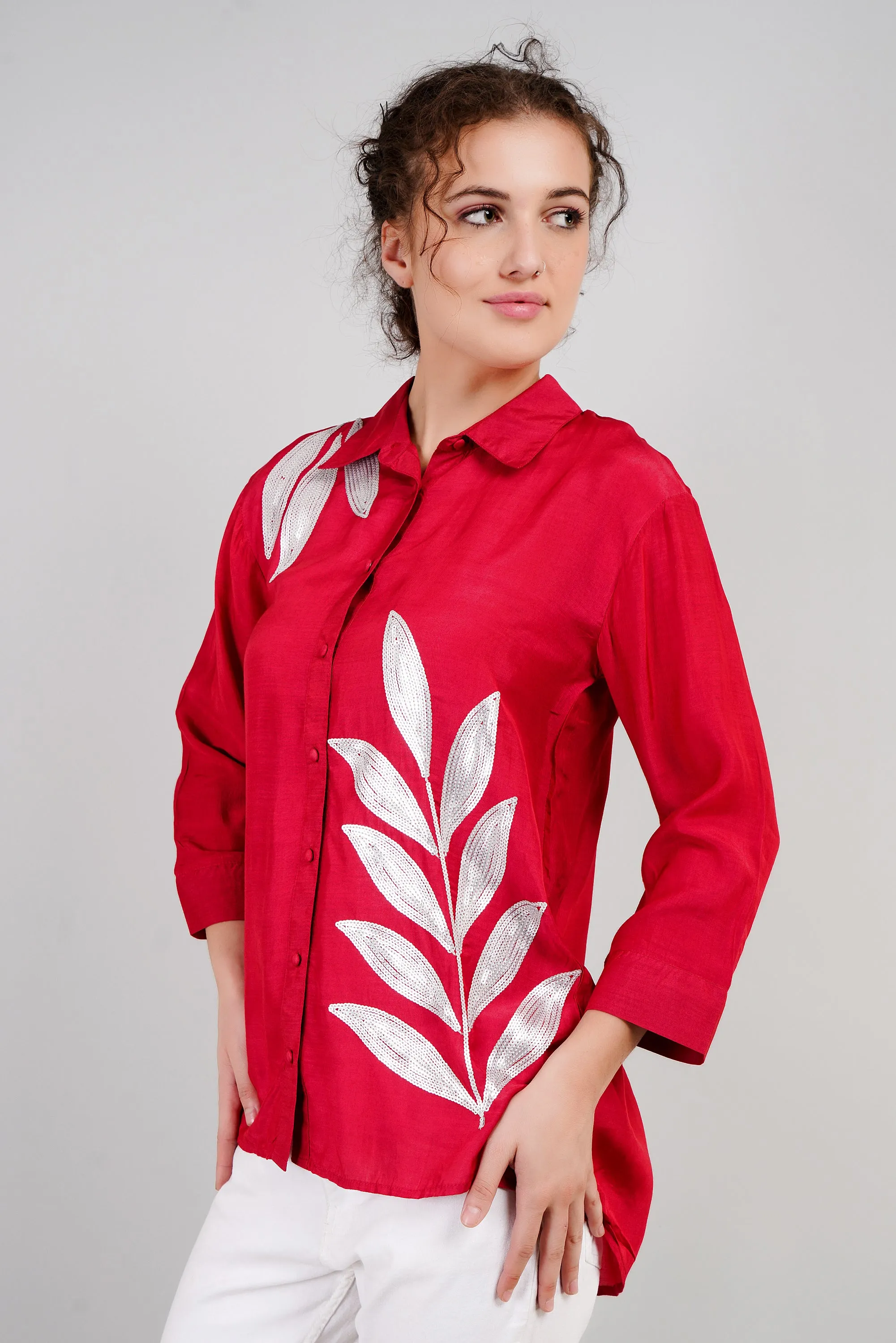 Soft Red Sequins Belgium Silk Shirt