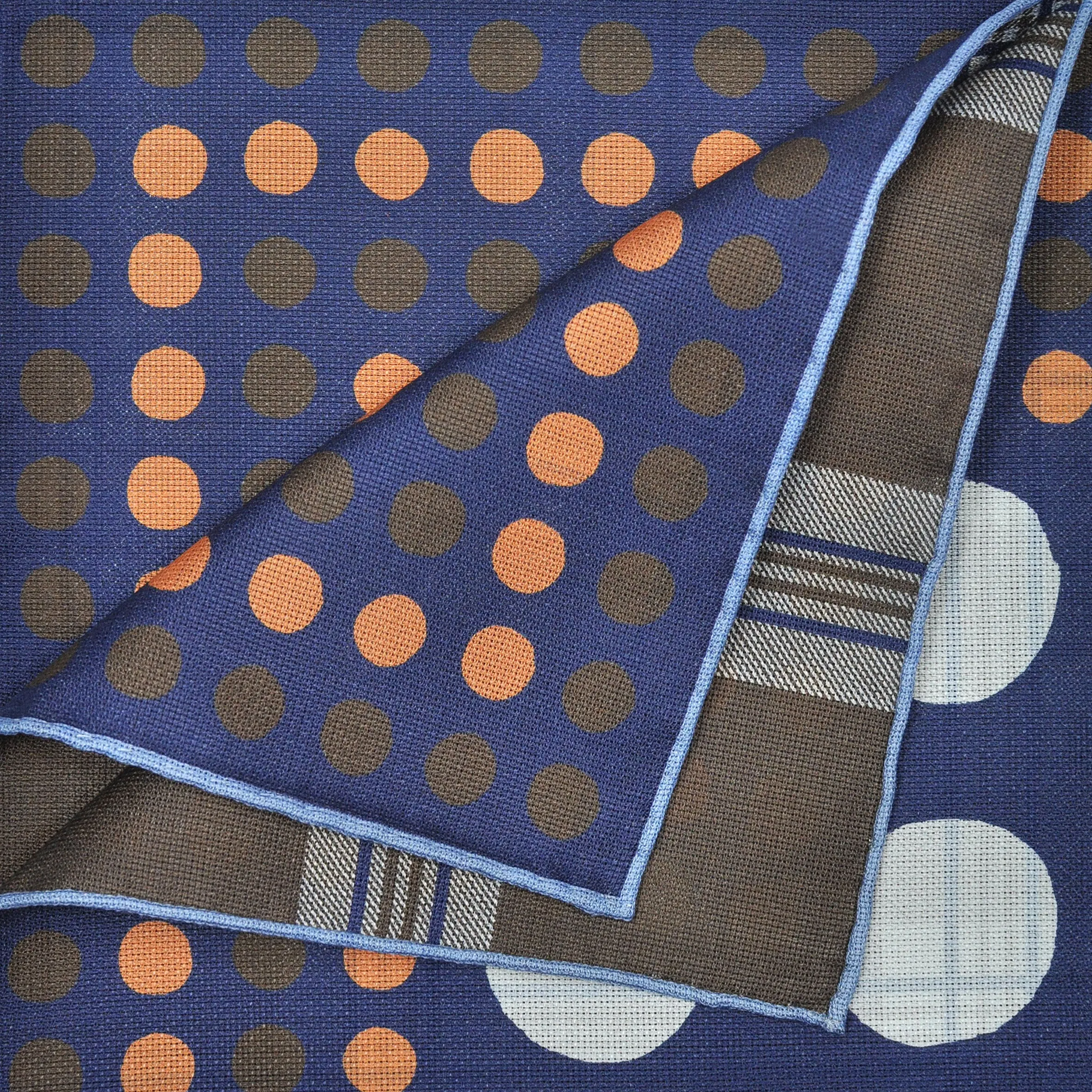 Spots & Dots & Checks Reversible Panama Silk Pocket Square in Blue & Brown & Peach