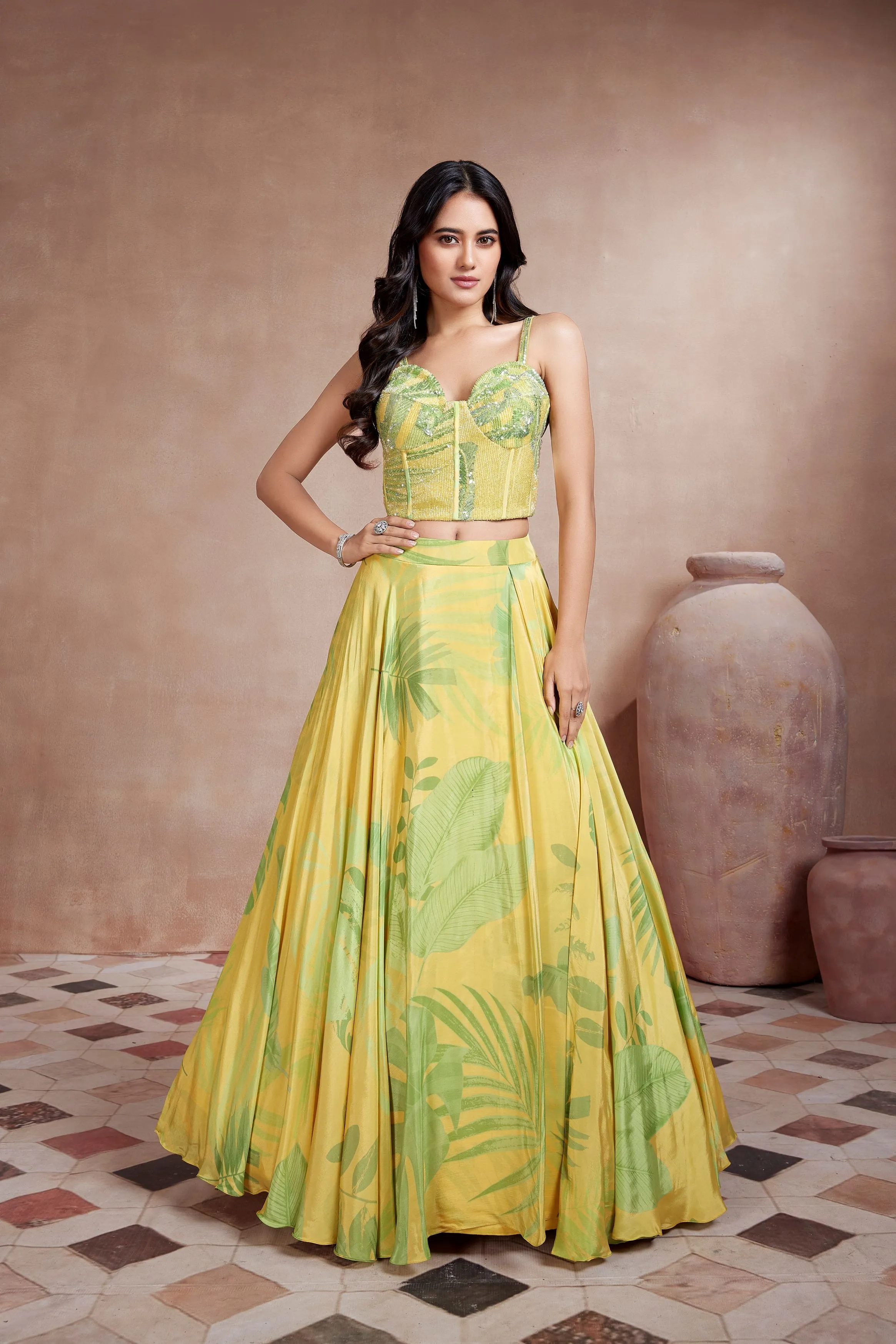 Sunshine Yellow Embroidered Chinon Silk Skirt Set