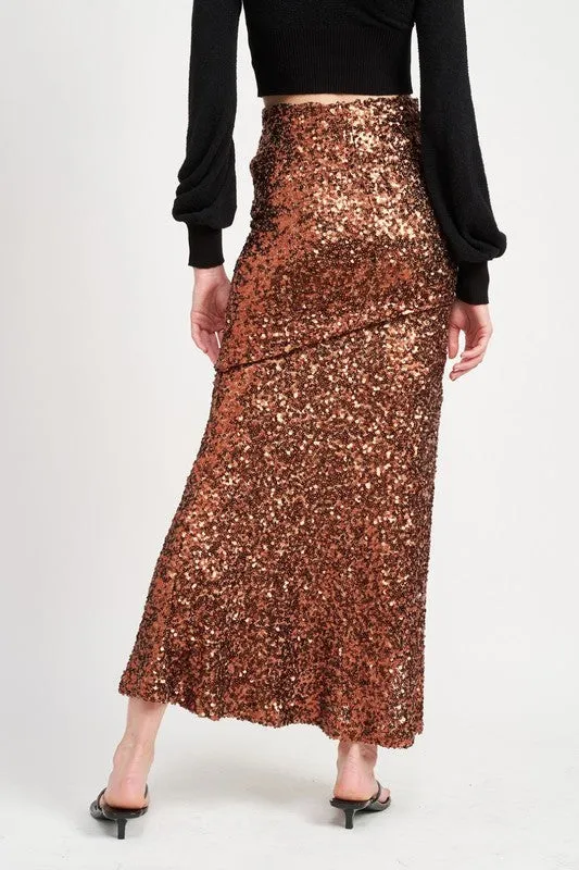 TEEK - BROWN SEQUINED HIGH WAIST MAXI SKIRT