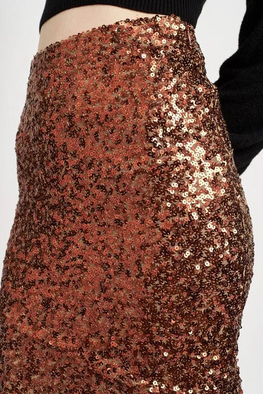 TEEK - BROWN SEQUINED HIGH WAIST MAXI SKIRT