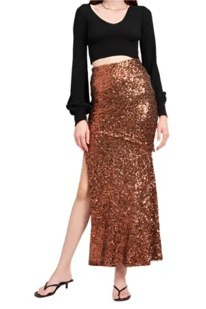 TEEK - BROWN SEQUINED HIGH WAIST MAXI SKIRT