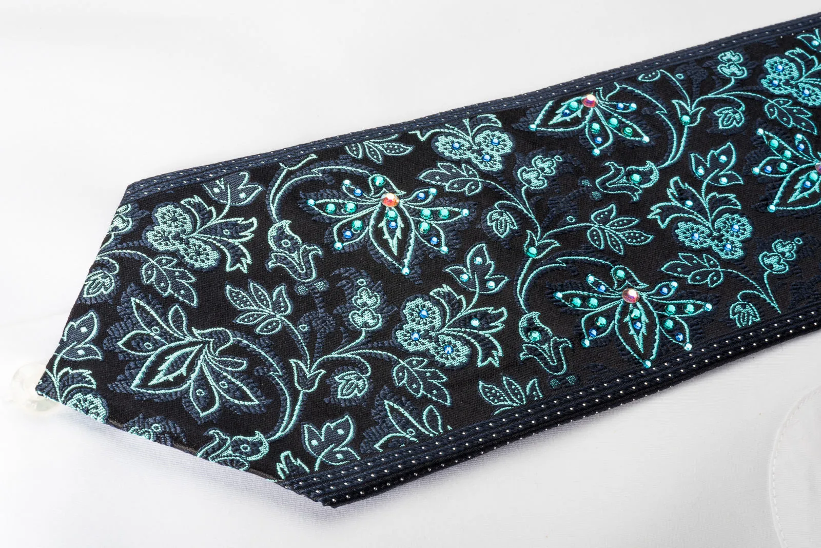 TLS Homme Rhinestone Silk Necktie Turquoise Floral On Navy With Silver Sparkles