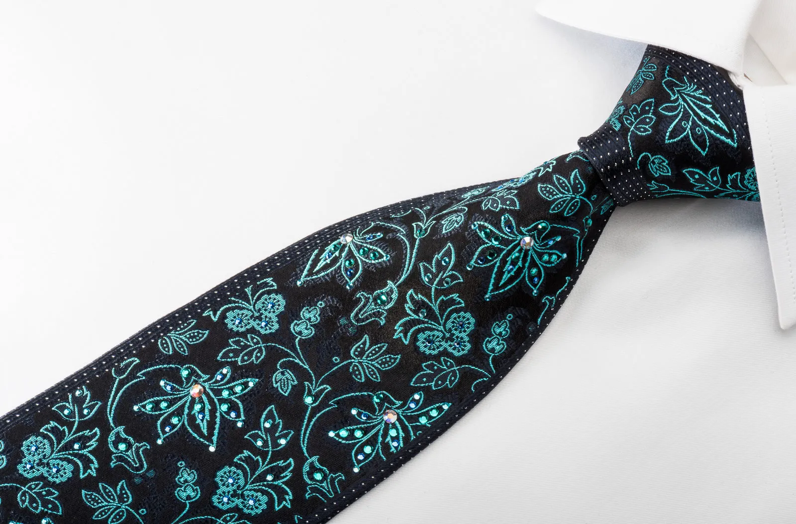 TLS Homme Rhinestone Silk Necktie Turquoise Floral On Navy With Silver Sparkles