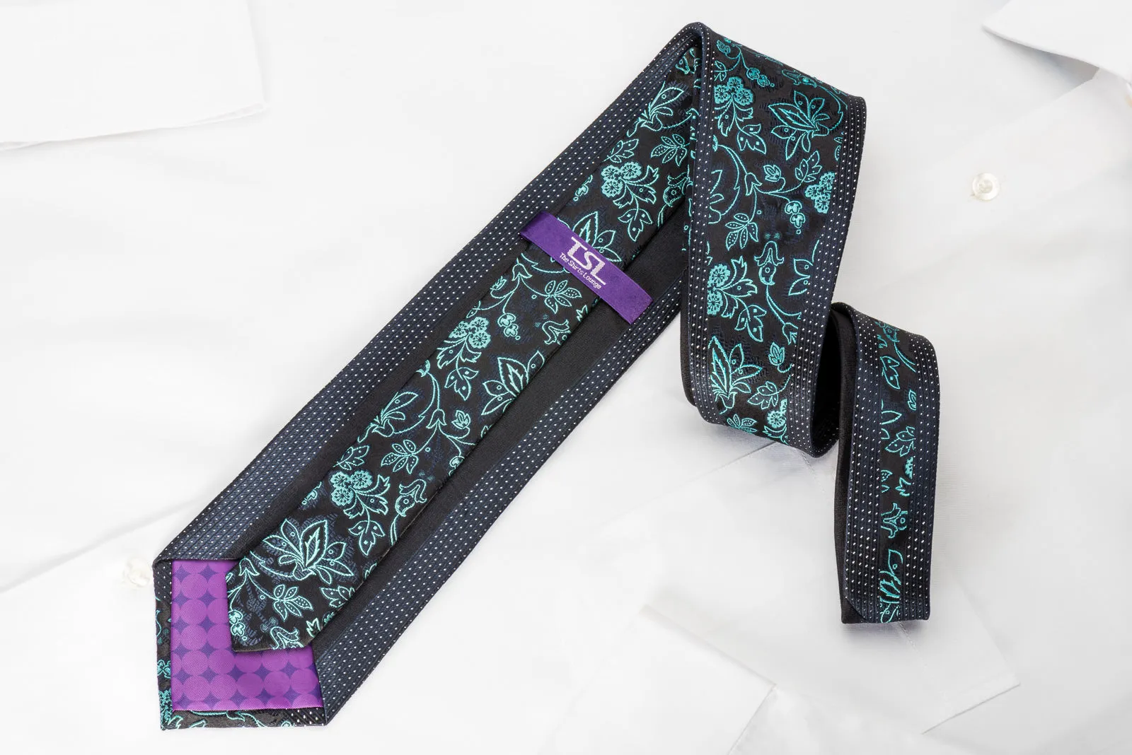 TLS Homme Rhinestone Silk Necktie Turquoise Floral On Navy With Silver Sparkles