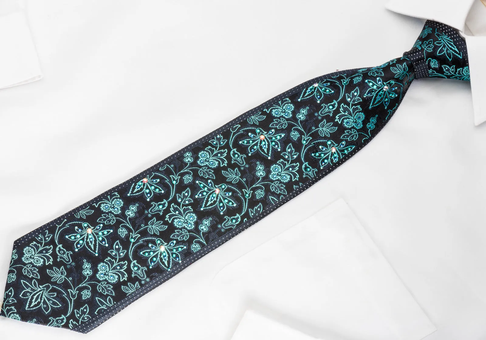 TLS Homme Rhinestone Silk Necktie Turquoise Floral On Navy With Silver Sparkles