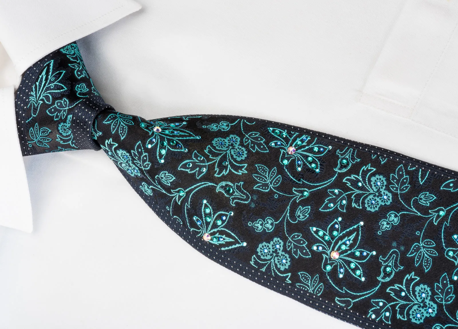 TLS Homme Rhinestone Silk Necktie Turquoise Floral On Navy With Silver Sparkles