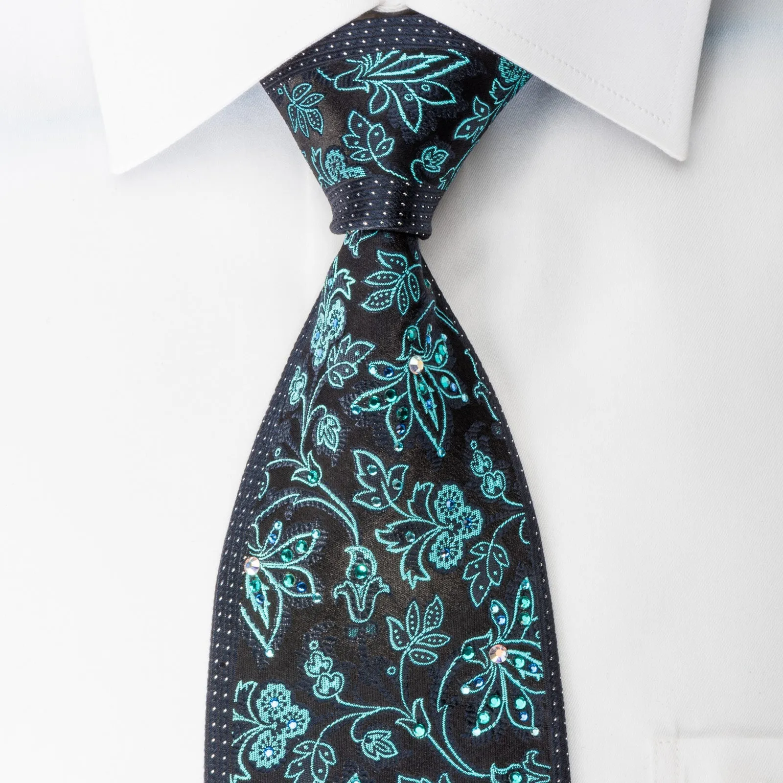 TLS Homme Rhinestone Silk Necktie Turquoise Floral On Navy With Silver Sparkles