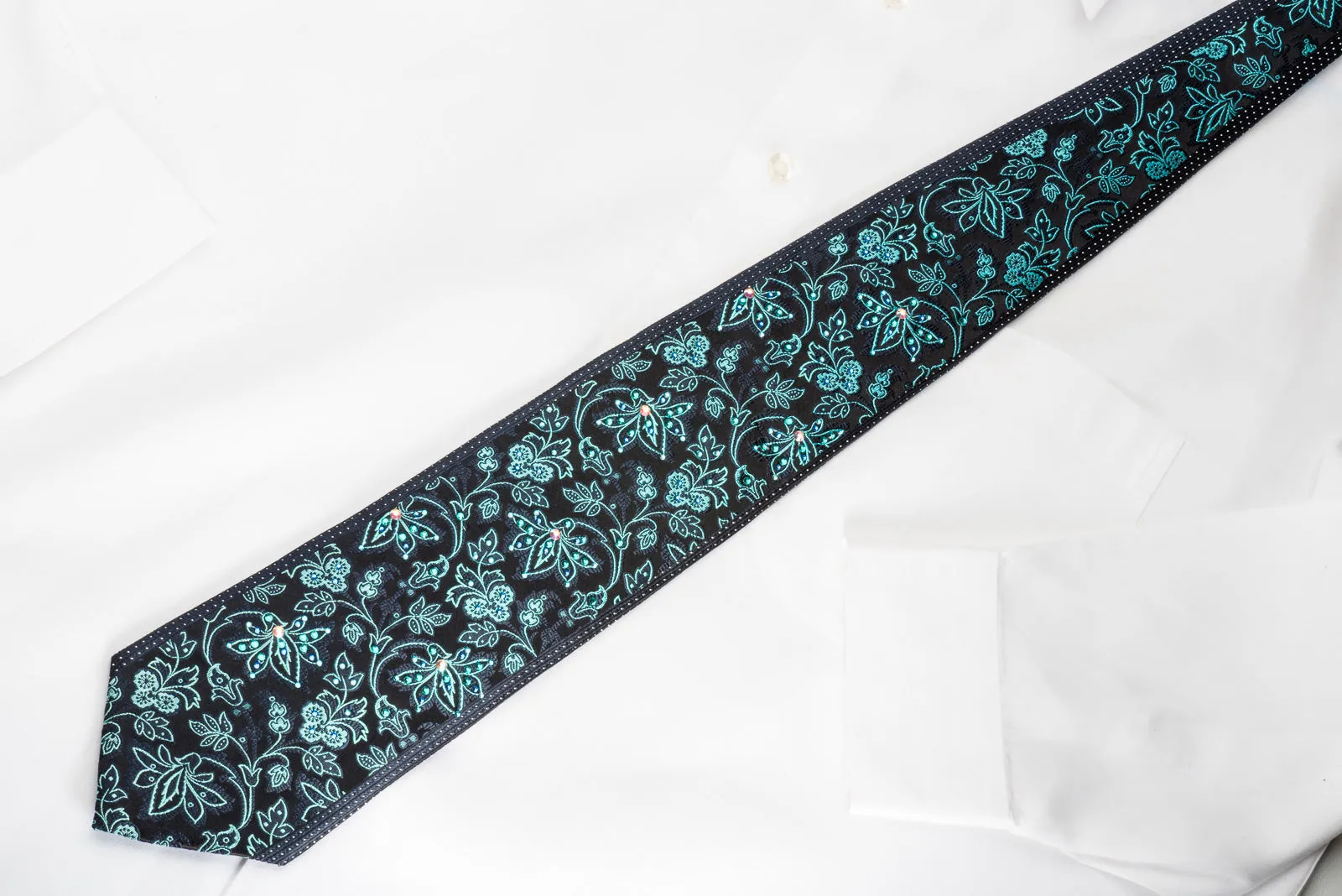 TLS Homme Rhinestone Silk Necktie Turquoise Floral On Navy With Silver Sparkles