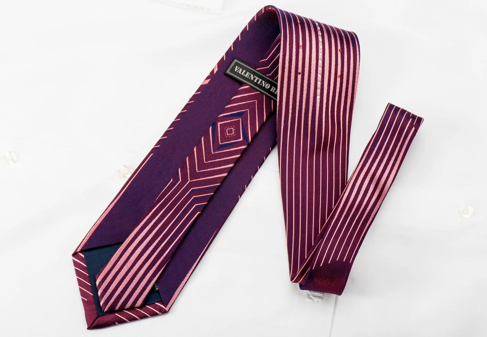 Valentino Rich Rhinestone Necktie Geometric Stripes On Burgundy With Red Sparkles