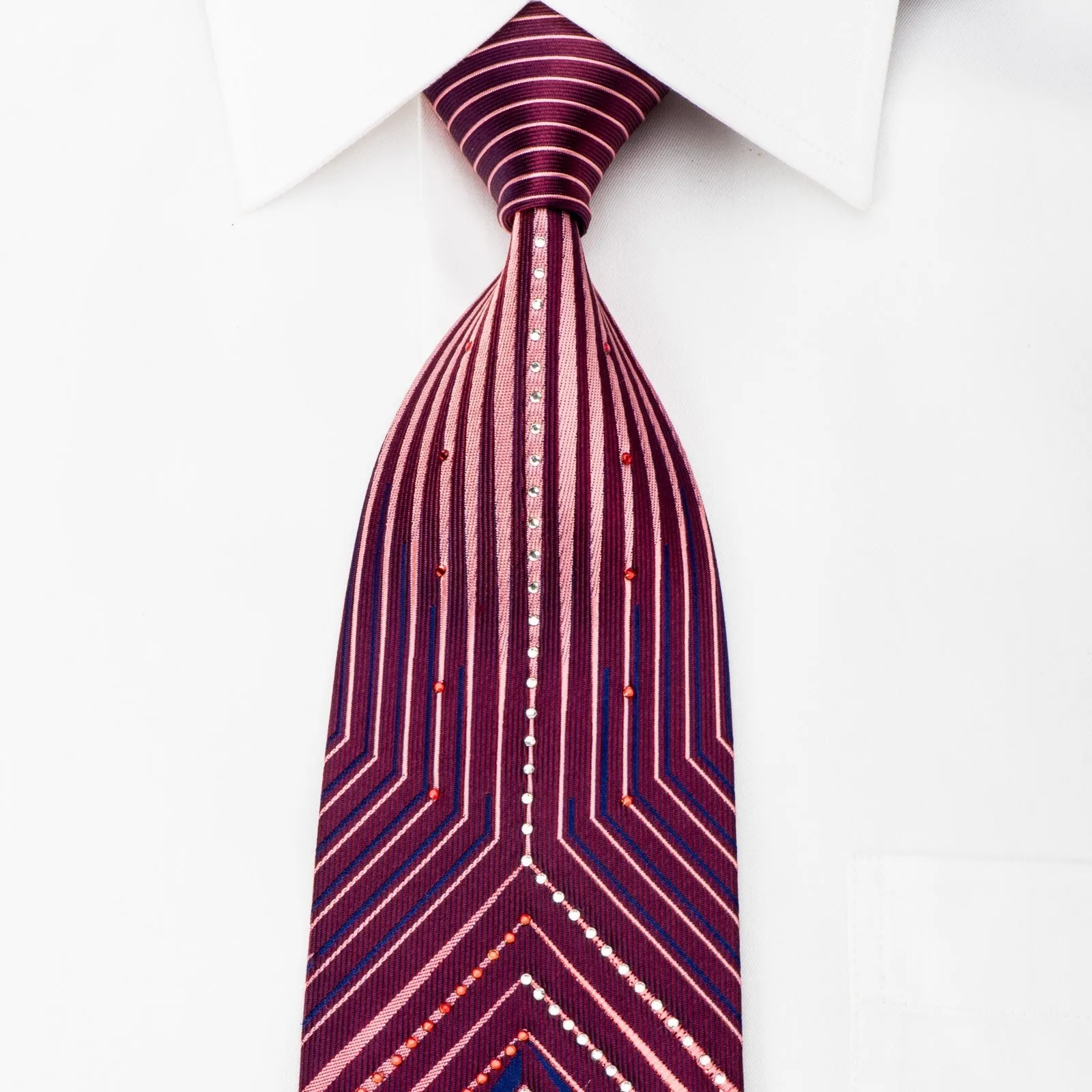 Valentino Rich Rhinestone Necktie Geometric Stripes On Burgundy With Red Sparkles