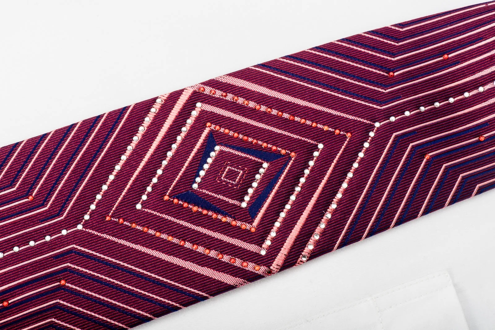 Valentino Rich Rhinestone Necktie Geometric Stripes On Burgundy With Red Sparkles