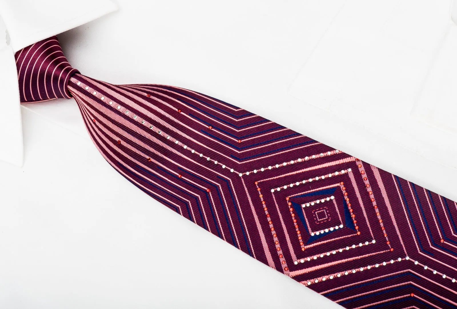 Valentino Rich Rhinestone Necktie Geometric Stripes On Burgundy With Red Sparkles