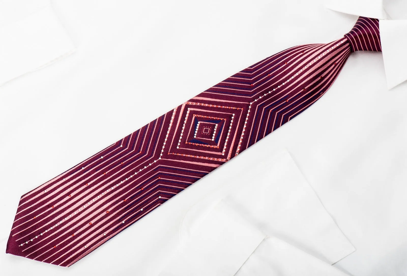 Valentino Rich Rhinestone Necktie Geometric Stripes On Burgundy With Red Sparkles