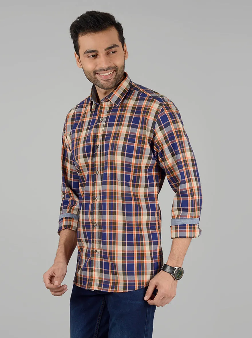 Victoria Blue Checked Slim Fit Casual Shirt | Greenfibre