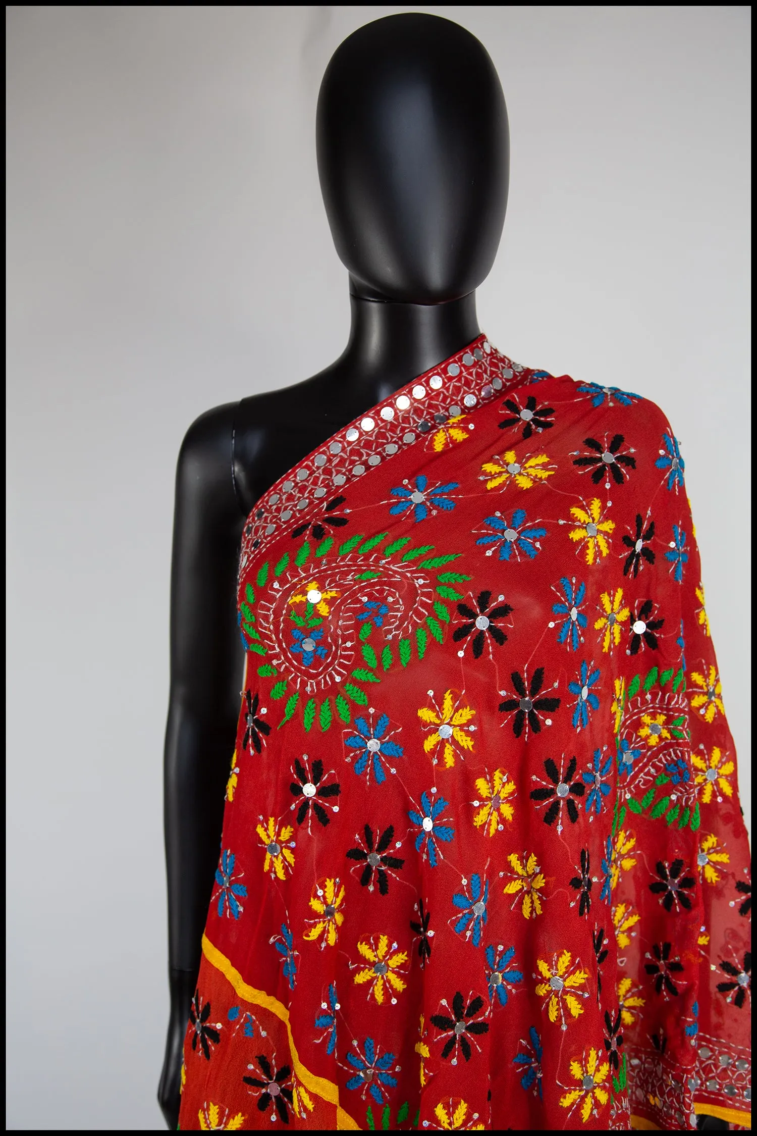 Vintage Orange Phulkari Embroidered Silk Wrap