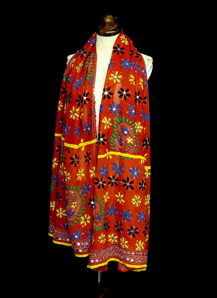 Vintage Orange Phulkari Embroidered Silk Wrap