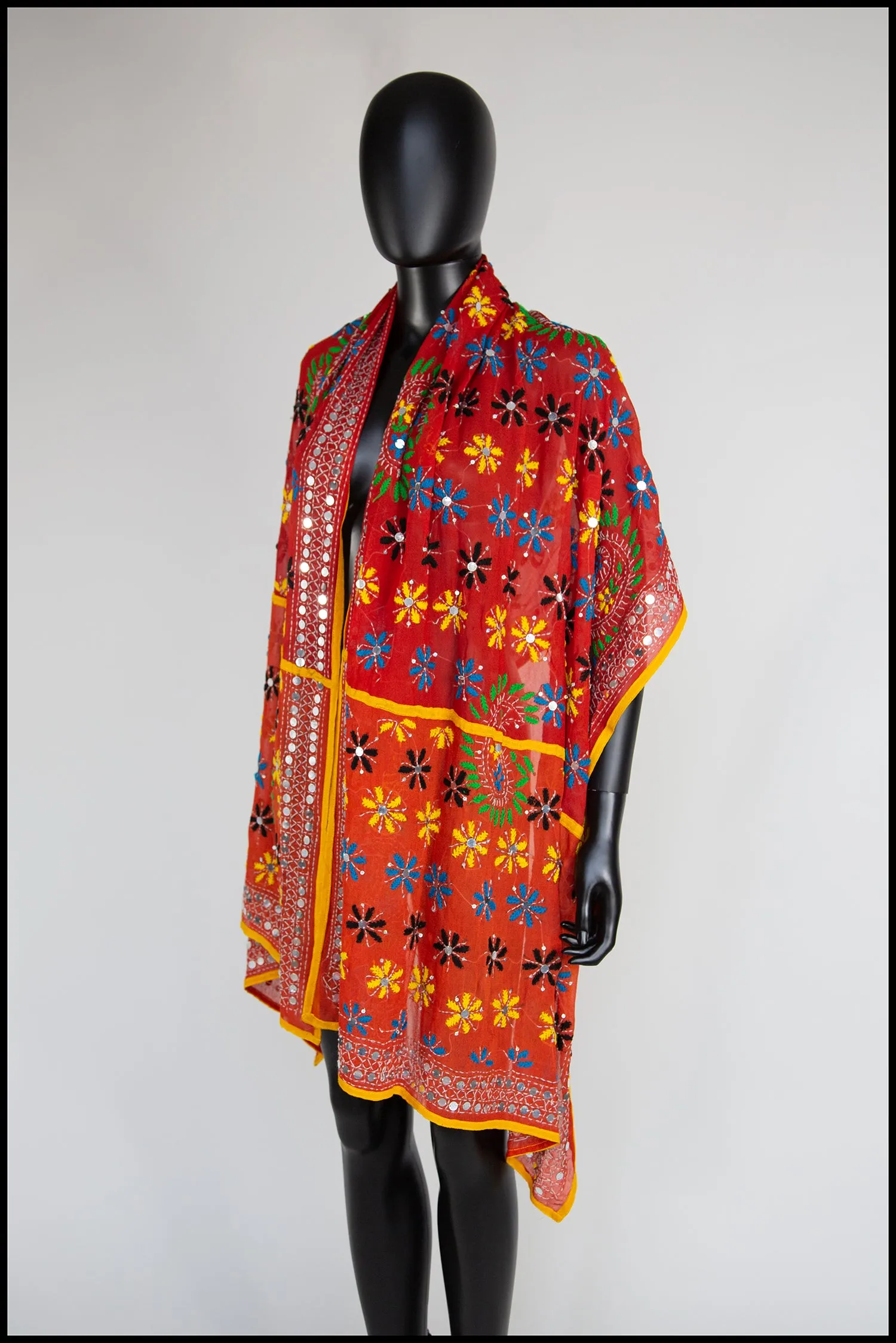 Vintage Orange Phulkari Embroidered Silk Wrap