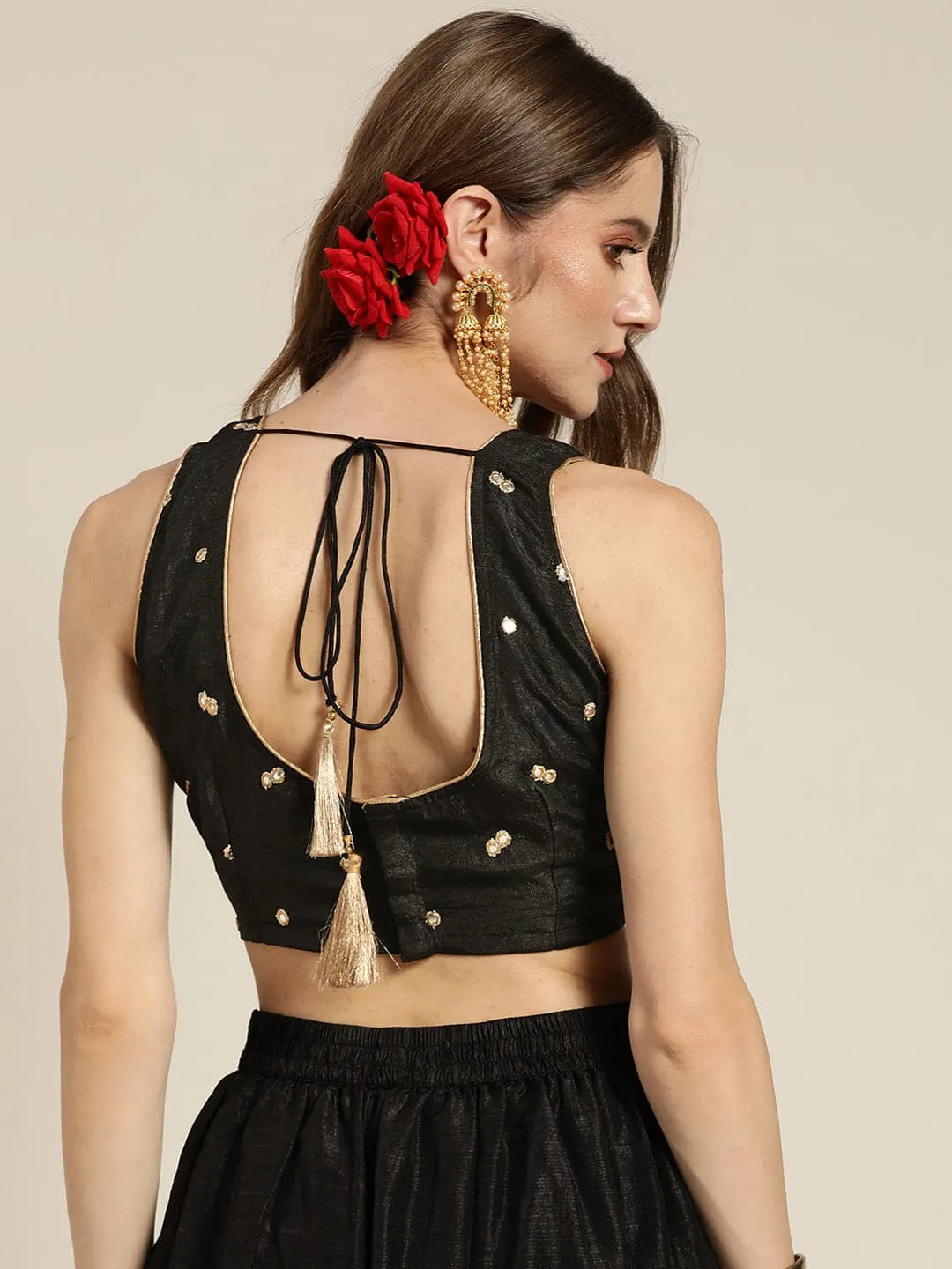 Women Black Mirror Embroidered Sleeveless Crop Top