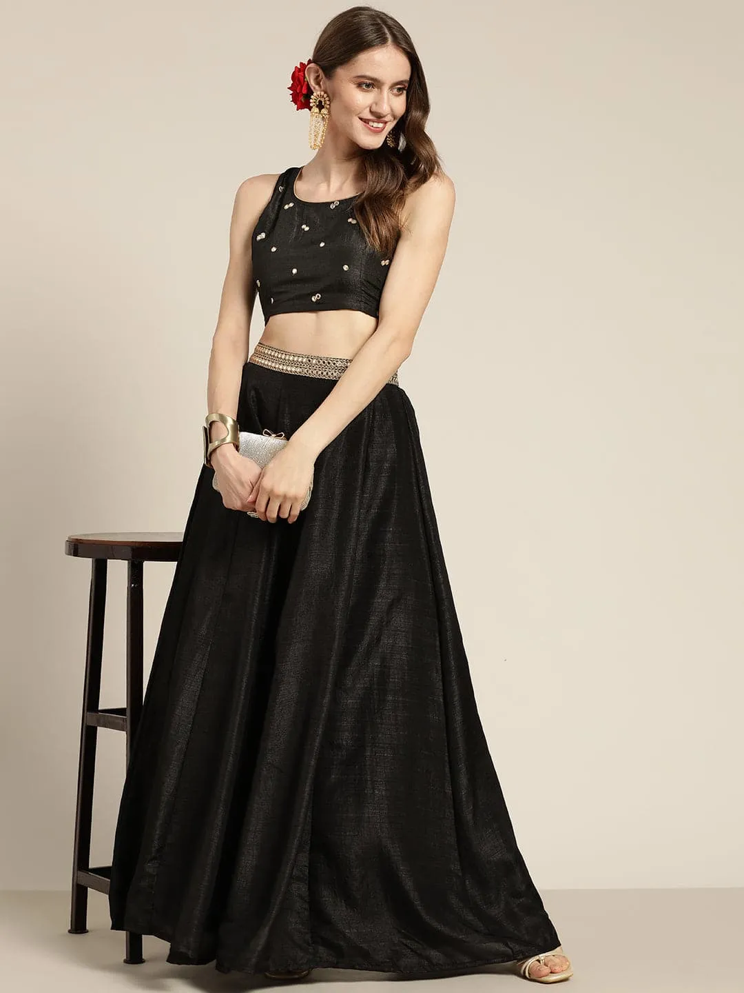 Women Black Mirror Embroidered Sleeveless Crop Top