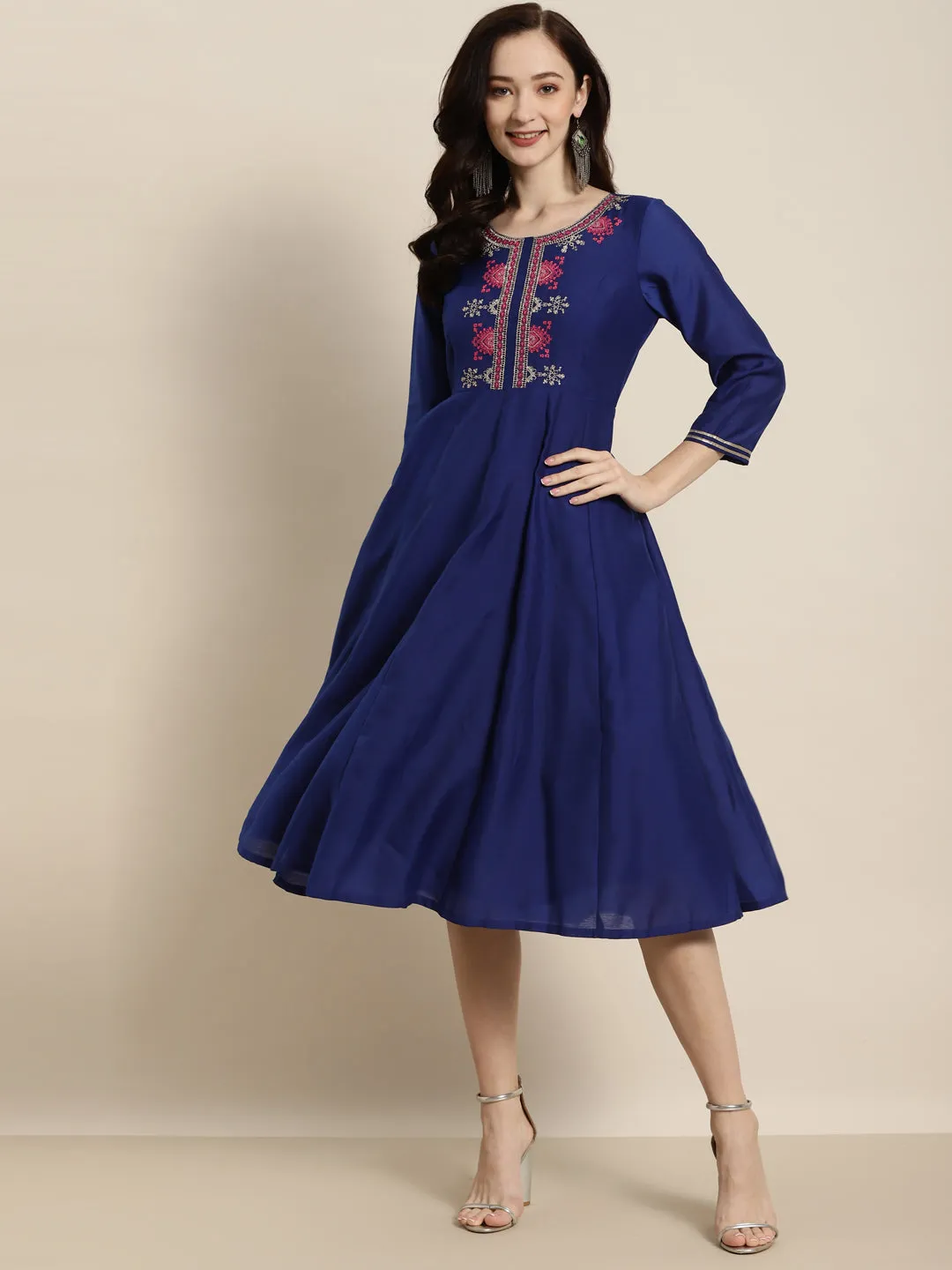 Women Royal Blue Chanderi Embroidered Anarkali Dress