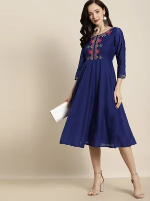 Women Royal Blue Chanderi Embroidered Anarkali Dress