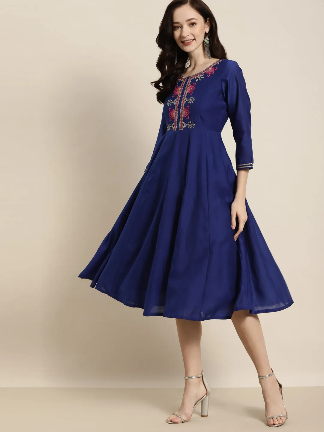 Women Royal Blue Chanderi Embroidered Anarkali Dress