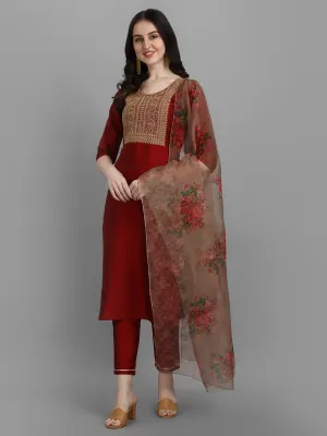 Womens Maroon Cotton Silk Embroidery Kurta Pant Set With Dupatta