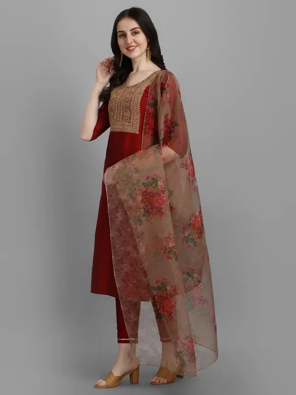 Womens Maroon Cotton Silk Embroidery Kurta Pant Set With Dupatta