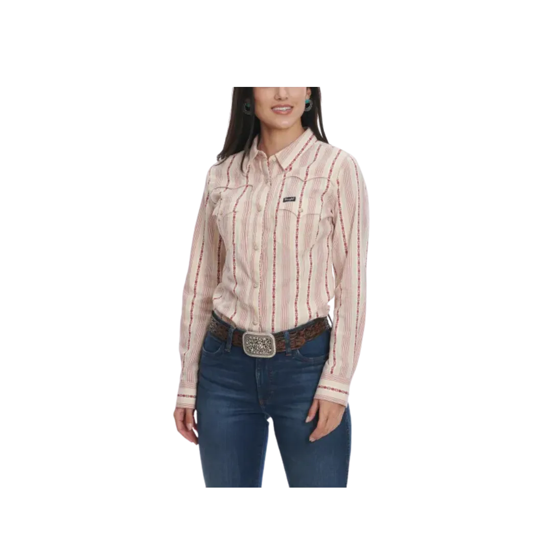 Wrangler Women's Retro Stripe Aztec Geo Embroidery Long Sleeve Western Sand Dark Dusty Rose Shirt