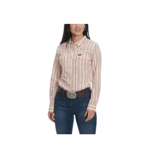 Wrangler Women's Retro Stripe Aztec Geo Embroidery Long Sleeve Western Sand Dark Dusty Rose Shirt